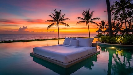 A tranquil moment as a luxurious bed floats on an infinity pool during a vibrant sunset