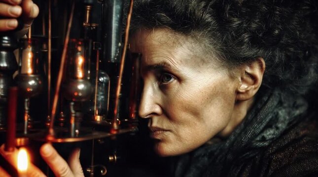 Marie Curie working in a laboratory, glowing scientific instruments, calm focused mood