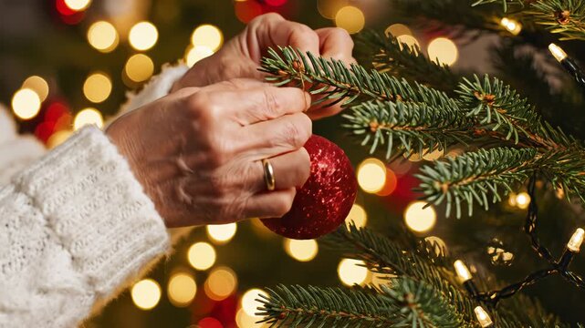 Person decorating Christmas tree with ornament