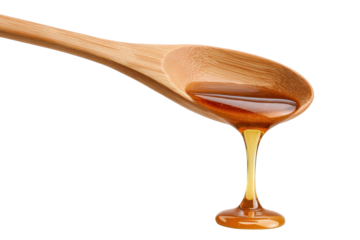 Wooden spoon with honey syrup drizzle flowing in a glossy ribbon, sticky golden sheen, and smooth pour curve captured mid-drip isolated on transparent background.
