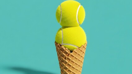 Tennis balls stacked like an ice cream cone on a vibrant background