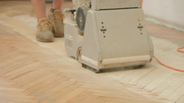 Restoration process of old parquet floor in public building renovation project