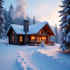 Secluded Alpine Log Cabin in a Snowy Pine Forest