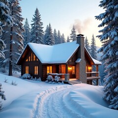 Secluded Alpine Log Cabin in a Snowy Pine Forest