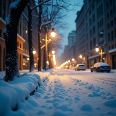 Atmospheric Urban Winter Scene with Snow-Covered Street, Glowing Streetlights, and Parked Cars at Twilight