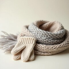 Minimalist Still Life of Cozy Knitted Wool Scarf and Gloves on a Neutral Background