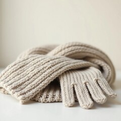 Minimalist Still Life of Cozy Knitted Wool Scarf and Gloves on a Neutral Background