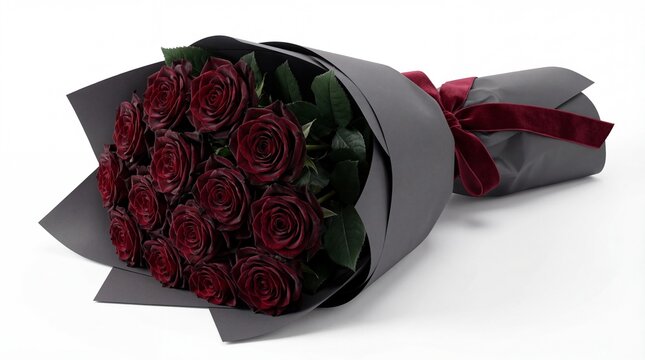 Dramatic luxury bouquet of deep red Black Baccara roses wrapped in dark gray paper and tied with a velvet burgundy ribbon, isolated on white background.