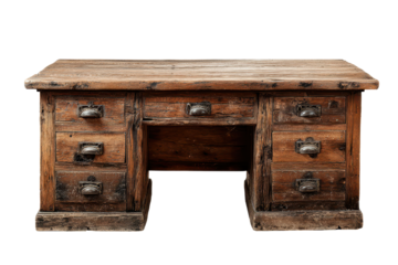 Rustic wooden desk with built-in drawers, aged vintage finish, visible wood grain, and sturdy classic furniture form isolated on transparent background.
