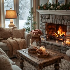 Warm and Cozy Living Room with a Roaring Stone Fireplace