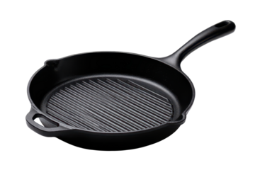 Black grill pan with a ridged cooking surface, sturdy handle, and durable cookware finish designed for searing grill marks isolated on transparent background.
