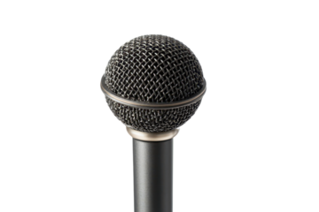 Round lollipop-style microphone with a spherical head on a thin stand, clean minimal hardware details, and sleek studio accessory feel isolated on transparent background.
