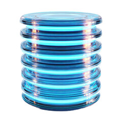 Stack of glowing blue database server disks with futuristic data storage styling, luminous edges, and smooth 3D tech surfaces isolated on transparent background.
