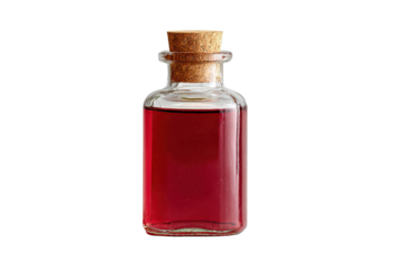 Glass bottle filled with red juice syrup liquid, sealed with a cork, minimal blank label, and clear reflections on the smooth container surface isolated on transparent background.
