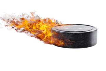 Hockey puck with fiery flames trailing behind, intense motion energy, scorched glow accents, and bold dynamic sports impact isolated on transparent background.
