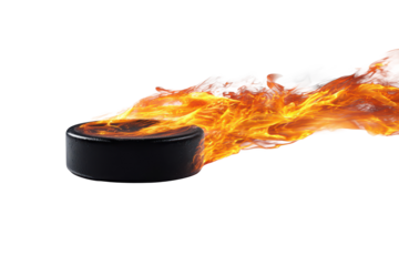 Hockey puck with fiery flames trailing behind, intense motion energy, scorched glow accents, and bold dynamic sports impact isolated on transparent background.
