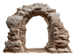Stone archway ruin resembling an ancient doorway with weathered textured masonry, chipped edges, and historic architectural character isolated on transparent background.
