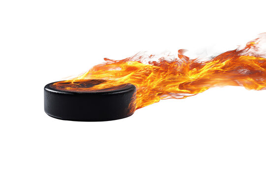 Hockey puck with fiery flames trailing behind, intense motion energy, scorched glow accents, and bold dynamic sports impact isolated on transparent background.
