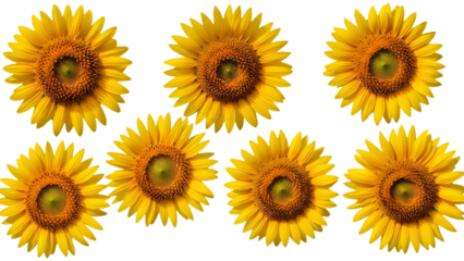 Set of 7 Bright Yellow Sunflower Heads Isolated on White Background
