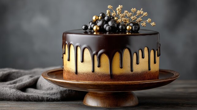 Decadent chocolate drip cake adorned with fresh berries and golden accents, elegantly presented on a wooden platter, showcasing a delightful dessert for celebrations and special occasions
