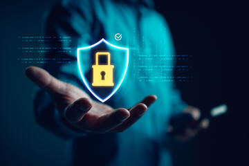 Cybersecurity shield icon with padlock representing data protection and privacy. Digital security system to prevent cyber threats, hacking, and ensure safe online transactions and information.