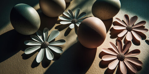 Easter eggs casting flower shadows in a surreal spring scene. Poetic holiday concept combining light, nature and symbolism with clean minimal background