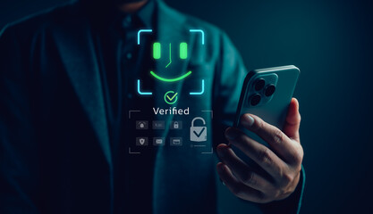 Digital identity verification concept, verified facial recognition interface, representing secure login, user authentication, mobile security, digital trust, privacy protection, online access control.