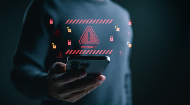 Cybersecurity warning concept showing a smartphone with alert symbols and padlock icons, representing mobile security threats, data breach risks, privacy protection, digital safety awareness. - Powered by Adobe