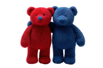 Two teddy bears standing together as a matching duo in red and blue plush fabric with stitched seams, soft fur texture, and sweet friendly expressions isolated on transparent background.
