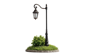 Decorative street lamp miniature on a small grass base with charming details, compact post, and whimsical diorama feel isolated on transparent background.
