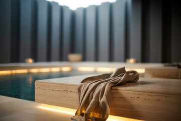 Luxury spa interior with wooden platform, towel draped, and water pool illuminated by soft lighting