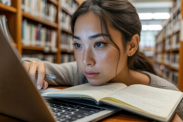 Asian woman studying at a library with laptop, notebook, and shelves of books in background