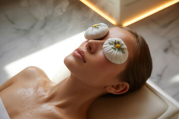 Woman receiving spa treatment with herbal compresses on eyes and marble background with soft lighting