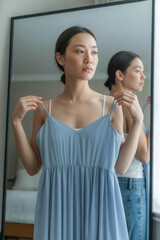 Asian woman trying on a light blue dress in front of a mirror with soft natural light ambiance