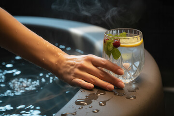 Elegant hand reaching for a refreshing cocktail beside a luxurious spa pool with steam rising
