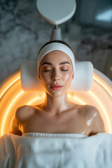Spa treatment with woman lying down, illuminated by circular light, with towel and headband visible