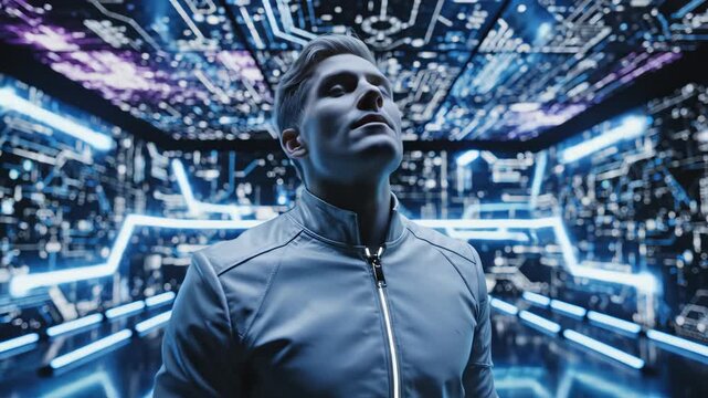 Person in futuristic digital room