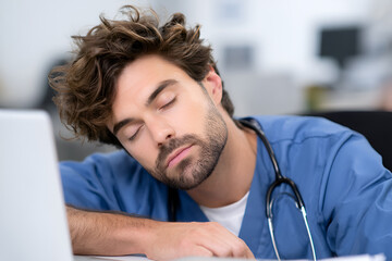 Male healthcare professional in blue scrubs with stethoscope resting his head on desk, showcasing exhaustion and dedication in a busy medical environment