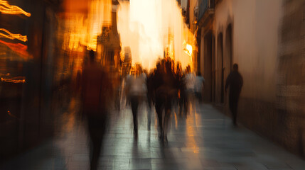 Blurry urban scene of diverse pedestrians walking along a city street at sunset, with warm light illuminating the surroundings, creating a vibrant atmosphere of movement and energy