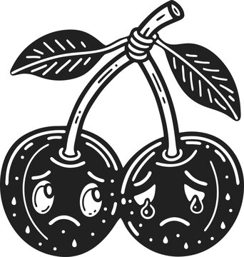 Sad cherries with faces crying and sweating, emotional fresh fruit with leaves, pessimistic and sorrowful natural food illustration