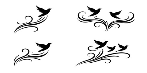 Set of black and white floral design elements featuring vector flower silhouettes and tribal bird ornaments for nature themed tattoo art or logo decoration