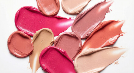 Vibrant lipstick and foundation cream swatches on white background, beauty industry or cosmetics marketing