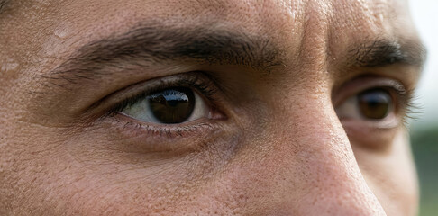 Intense close-up of sweaty male athlete eyes reflecting stadium, sports motivation, vision care or health