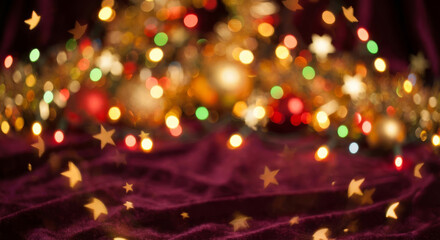 Golden star shaped bokeh lights glowing over red velvet fabric, Christmas party flyer or New Year celebration