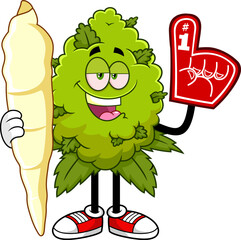 Happy Marijuana Bud Cartoon Character Holding Giant Joint and #1 Foam Finger - Vector Hand Drawn Illustration Isolated On Transparent Background