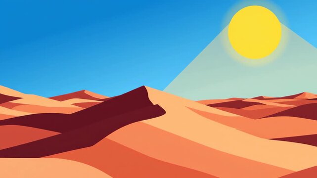 A minimalist illustration of a desert landscape under a clear blue sky with a bright sun and undulating sand dunes in warm tones. video