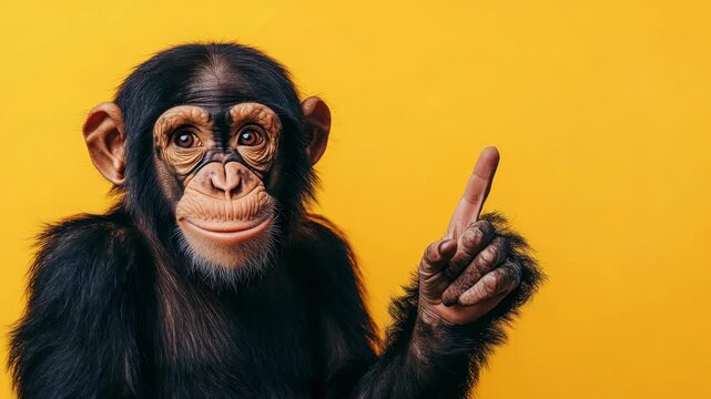 Chimp pointing with a clear expression against a bright yellow backdrop during a playful moment