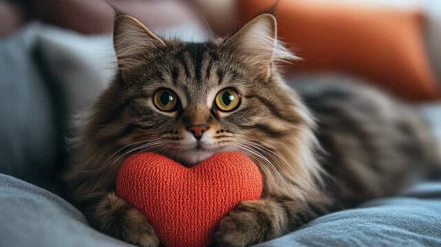 Cat holds orange heart toy on couch with pillows in cozy living room setting