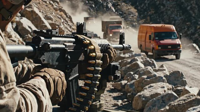 Soldier with machine gun on mountain road