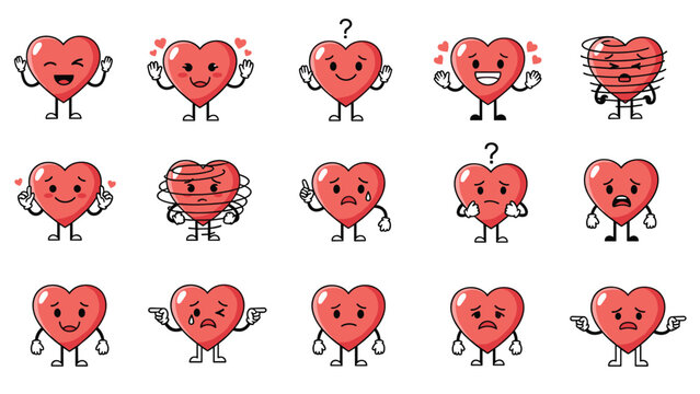 Red heart characters showing a wide range of emotions and reactions like love, confusion, sadness, and excitement.